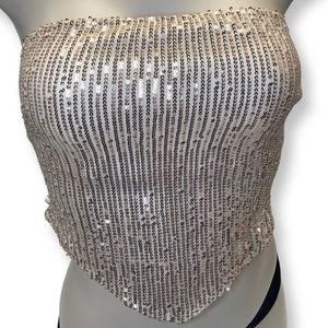 Fishtail V-Shape Ruched Champagne Tubetop w Embroidered Bedazzled Sparkly Sequin
